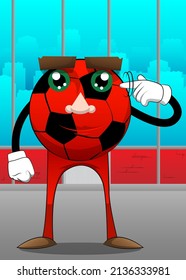 Soccer ball shows a you're nuts gesture by twisting his finger around his temple. Traditional football ball as a cartoon character with face.