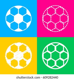 Soccer ball sign. Four styles of icon on four color squares.