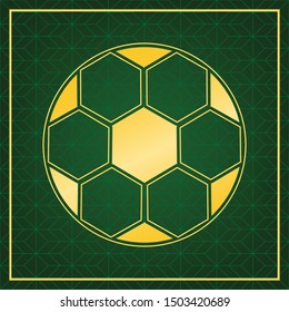 Soccer ball sign. Golden icon with gold contour at dark green gridded background. Illustration.