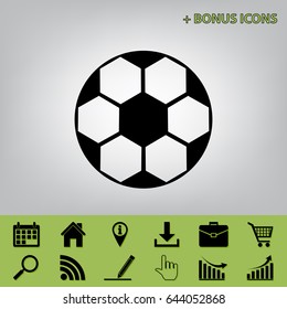 Soccer ball sign. Vector. Black icon at gray background with bonus icons 