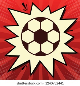 Soccer ball sign. Vector. Dark red icon in lemon chiffon shutter bubble at red popart background with rays.