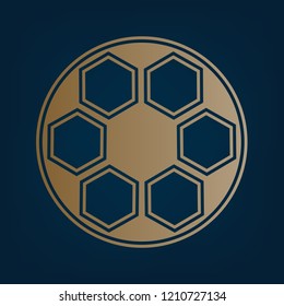 Soccer ball sign. Vector. Golden icon and border at dark cyan background.