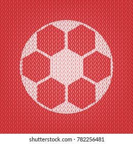 Soccer ball sign. Vector. Knitted white icon on a red knitted background.