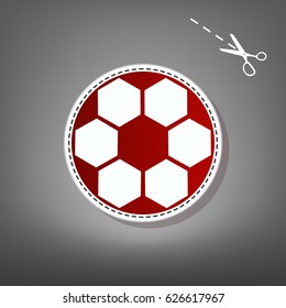 Soccer ball sign. Vector. Red icon with for applique from paper with shadow on gray background with scissors.