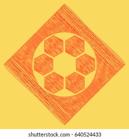Soccer ball sign. Vector. Red scribble icon obtained as a result of subtraction rhomb and path. Royal yellow background.
