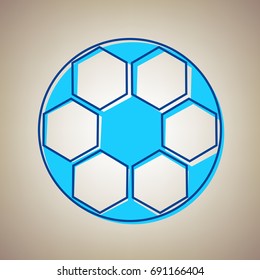 Soccer ball sign. Vector. Sky blue icon with defected blue contour on beige background.