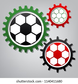 Soccer ball sign. Vector. Three connected gears with icons at grayish background.