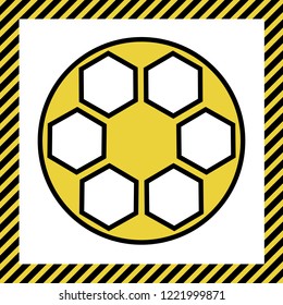 Soccer ball sign. Vector. Warm yellow icon with black contour in frame named as under construction at white background. Isolated.