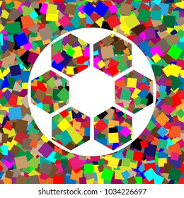 Soccer ball sign. Vector. White icon on colorful background with seamless pattern from squares.