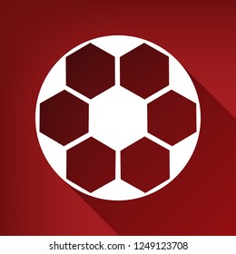Soccer ball sign. Vector. White icon with limitless shadow at ruby red background.