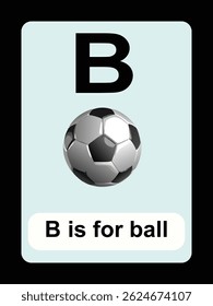  soccer ball, simple black and white illustration, minimalist design, children's alphabet learning, playful letter B, educational flashcard.