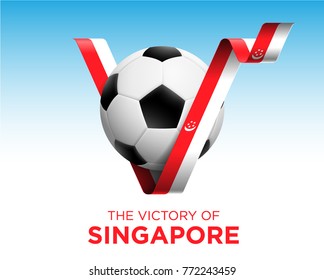 Soccer Ball With Singapore Victory Flag Banner. Vector Illustration.