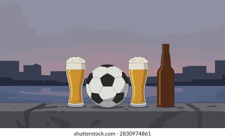 Soccer ball sits between two glasses of frothy beer and a bottle on a concrete ledge overlooking a distant city skyline across the water at dusk.