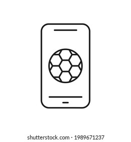 Soccer ball with smartphone linear icon. Football. Thin line customizable illustration. Contour symbol. Vector isolated outline drawing. Editable stroke