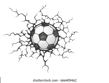 Soccer ball smash the wall with cracks hole. Texture design of a stone background. Sport Football vector for tournament.