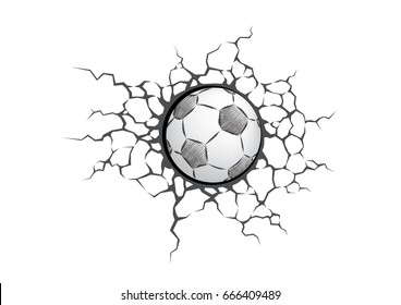 Soccer ball smash the white wall with cracks hole. Texture design of a stone background. Sport Football vector for tournament.