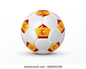 Soccer ball with the Spain national flag isolated on white background. Spanish national football team concept. Isolated on white. Realistic 3d vector illustration