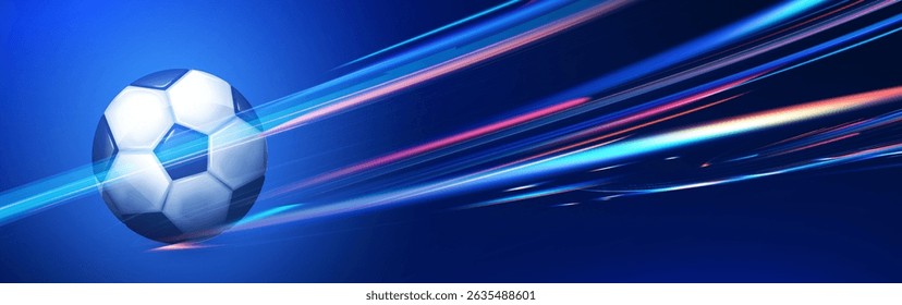 Soccer ball with speed and power light effect. Sports background. Match design.