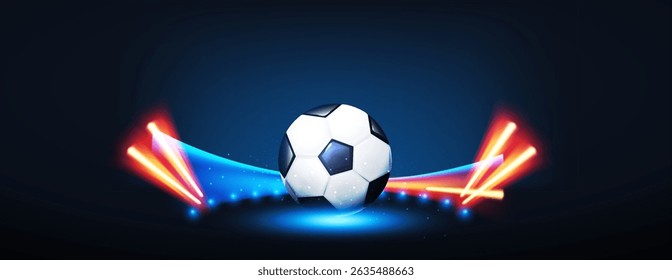 Soccer ball with speed and power light effect. Sports background. Match design.
