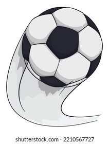 Soccer ball with speed tail and curved trajectory in cartoon style.