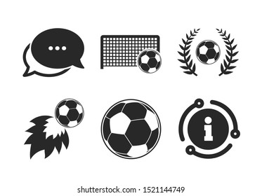 Soccer ball sport sign. Chat, info sign. Football icons. Goalkeeper gate symbol. Winner award laurel wreath. Goalscorer fireball. Classic style speech bubble icon. Vector