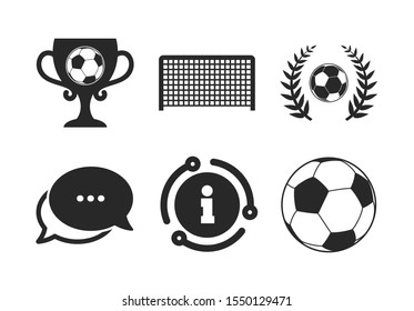 Soccer ball sport sign. Chat, info sign. Football icons. Goalkeeper gate symbol. Winner award cup and laurel wreath. Classic style speech bubble icon. Vector