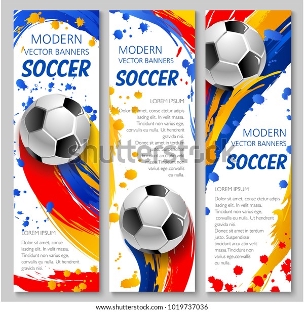 サッカーのスポーツ競技大会用のサッカーボールスポーツバナー カラフルなペイントのスプラッシュ 筆跡 スポット ブロットで装飾された テキストレイアウトのチラシデザインのサッカーボール のベクター画像素材 ロイヤリティフリー