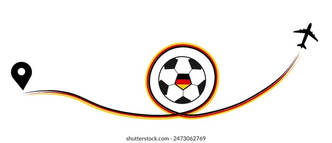 Soccer ball, sports travel concept. Symbol of airplane, air plane, aircraft, aeroplane, flying, fly jet airline. Line path from colors of geman flag. location pointer. Travel for your  design. EPS10.