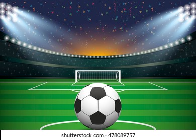 Soccer ball with soccer stadium and confetti background. Vector illustration.