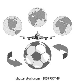 
soccer ball and a stylized image of the globe. flies a large passenger plane. isolate on white background.