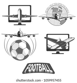 
soccer ball and a stylized image of the globe. flies a large passenger plane. isolate on white background.
