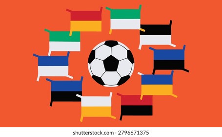 soccer ball surrounded by flags of different countries on orange background