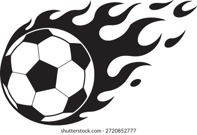 Der von Flammen umgebene Fußball symbolisiert Leidenschaft und Energie für den Sport in einer dynamischen Schwarz-Weiß-Illustration.