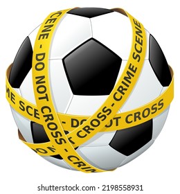 Soccer ball surrounded by the yellow blindfold of a crime scene isolated on a white background