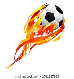 Soccer ball with tail of orange, red and yellow paint smears on the white background