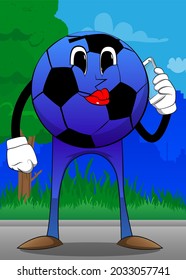 Soccer ball talking on cell phone. Traditional football ball as a cartoon character with face.