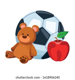 soccer ball, teddy bear and apple over white background, vector illustration