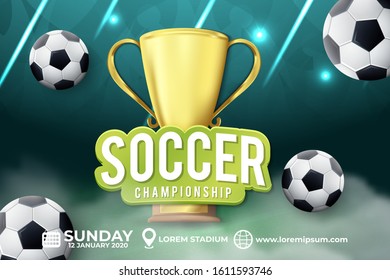 Soccer Ball Tournament Illustration with Grass and Golden Trophy in Blue Background