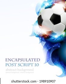 Soccer ball with transparent blue petals on a white background.  Abstract soccer background.
