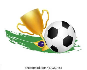 soccer ball and trophy cup with brush paint of Brazil flag on white background. This design for template, banner for celebrate the winner of Brazil soccer league match result in vector illustration