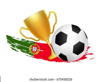 soccer ball and trophy cup with brush paint of Portugal flag on white background. This design for template, banner for celebrate the winner of soccer league match result in vector illustration