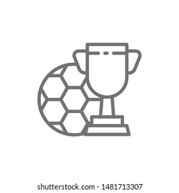 Soccer ball with trophy cup line icon.