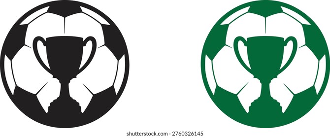 Soccer ball with trophy symbol representing victory, championship, and football success. This minimal vector silhouette design is perfect for sports branding, football tournaments, team logos, and winner concepts. Ideal for use in logos, posters, awards, merchandise, and digital media with a bold and modern style.