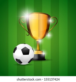 Soccer ball and trophy victory - green background illustration vector eps10