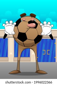 Soccer ball is trying to scare you. Traditional football ball as a cartoon character with face.