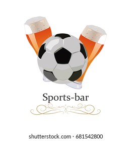 Soccer ball with two mugs of beer. Sports bar. Vector illustration.