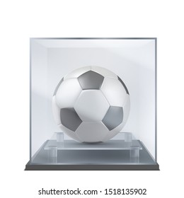 Soccer ball under glass case. Sport competition, championship trophy mock-up. Sport history, football team museum exposition showpiece 3d realistic vector illustration isolated on white background