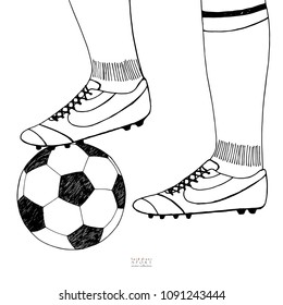Soccer ball under player boot. Hand drawn sketch. Black line on white background. Sport collection vector illustration. Soccer player training