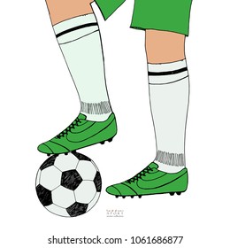 Soccer ball under player feet on white background. Hand drawn color sketch. Sport collection color vector illustration