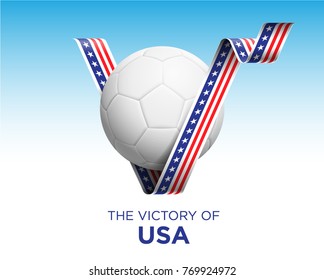 Soccer Ball With US Victory Flag Banner. Vector Illustration.